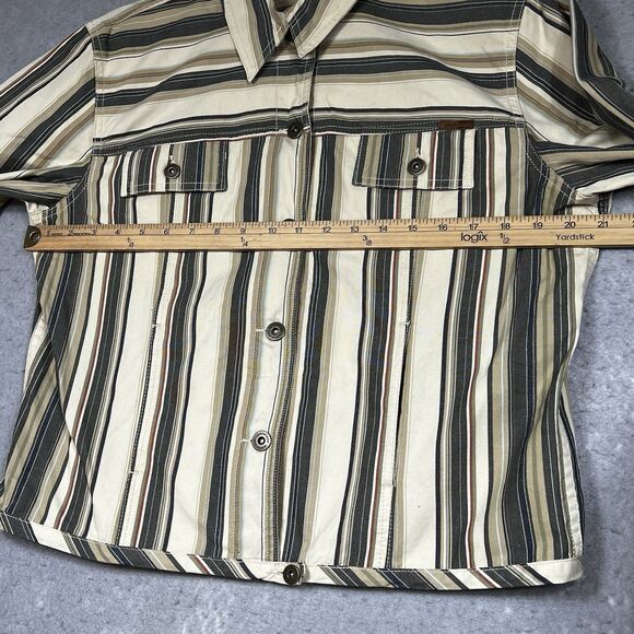Liz Claiborne Striped Jean Jacket Large Beige Tan Gray Unlined Yoke Pockets - Picture 6 of 13